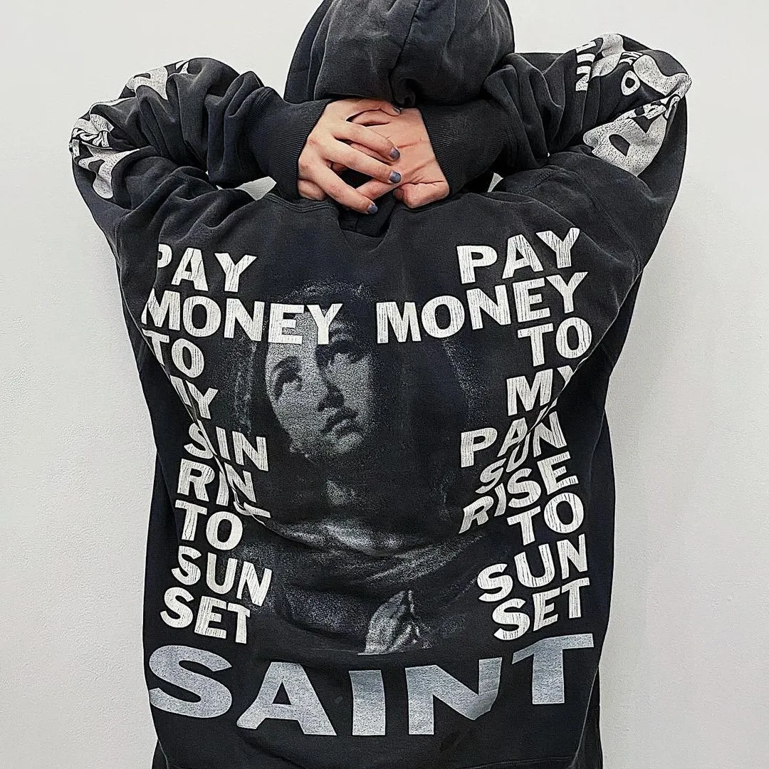 SAINT Mxxxxxx × PAY MONEY TO MY PAIN PTP_HOODIE/BRAND MONEY/BLK Co-branded PTP Virgin Mary dollar hoodie Washed black S-XL Assute dyeing The whole piece is sprayed with horse fade Mold customization joint main mark/washed mark Factory four-needle and six-thread workmanship No bone seams More comfortable to wear Repeated modification of proofing Authentic grade crack printing VINTAGE value is full